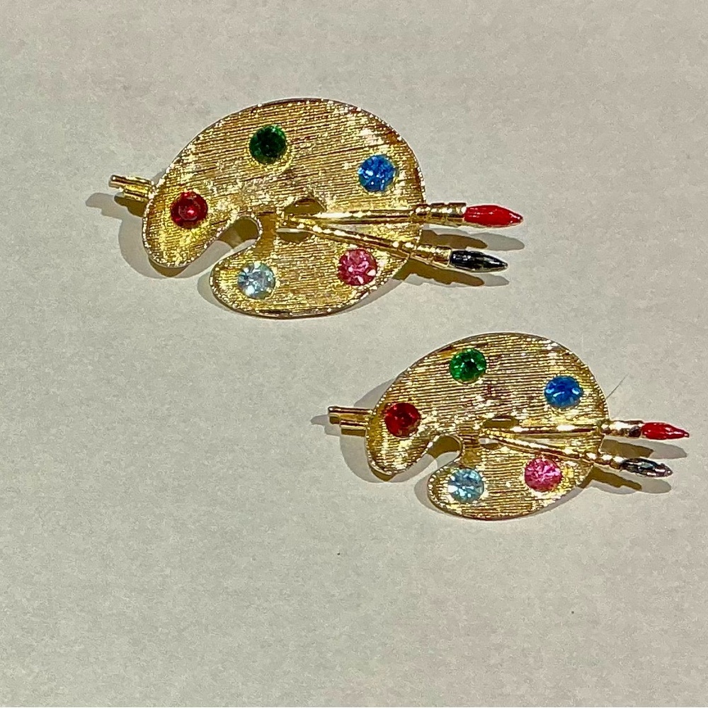 Vintage  Gold Toned  Artist Palette Scatter Pins with Colorful Rhinestones